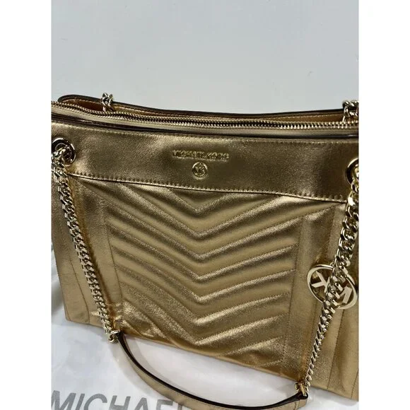 Michael Michael Kors Susan Metallic Medium Shoulder Bag Pale Gold New Chain - Picture 2 of 13